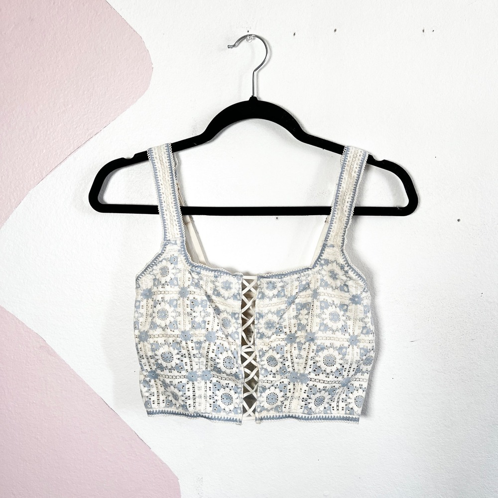 Aerie Lace Up Corset Crop Top Blue Floral Lined Summer Cute Women's Small